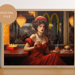 Late Night Burger, Altered Art, Vintage Poster, Maximalist Wall Art, Renaissance Painting, Funny Gift, Eclectic, Food lover