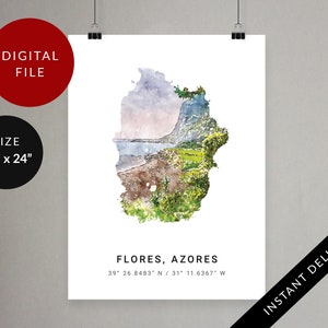 Flores Wall Art, Azoren, Flower Island, Kaart Minimalistische Poster, Portugal Digital Print, Printable Travel Art