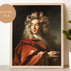 May include: A painting of a man with long white hair and a red robe. He is wearing pink hair rollers in his hair. The painting is set against a dark background.