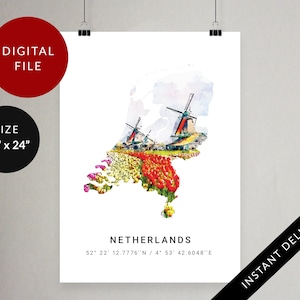 Netherlands Map Print, Aquarelle Wall Art, Country Poster, Nederland, Amsterdam, Hollande