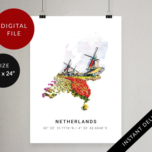 Netherlands Map Print, Watercolor Wall Art, Country Poster, Nederland, Amsterdam, Holland