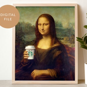 Caffeine rush, Mona Lisa, Eclectic Wall Art, Vintage Poster, Altered Renaissance Painting, Funny Gift, Coffee Lover