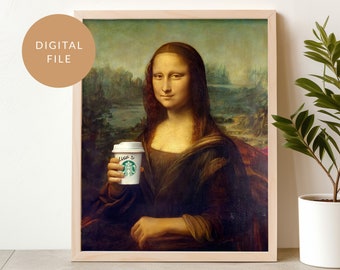 Caffeine rush, Mona Lisa, Eclectic Wall Art, Vintage Poster, Altered Renaissance Painting, Funny Gift, Coffee Lover