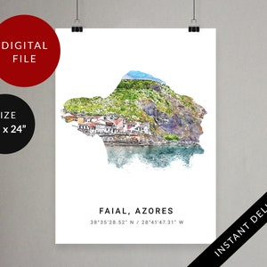 Faial Wall Art, Azoren, Blue Island, Kaart Minimalistische Poster, Portugal Digitale Print, Afdrukbare Travel Art