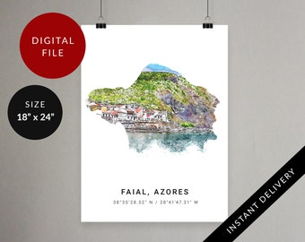 Faial Wall Art, Azores, Blue Island, Map Minimalist Poster, Portugal Digital Print, Printable Travel Art