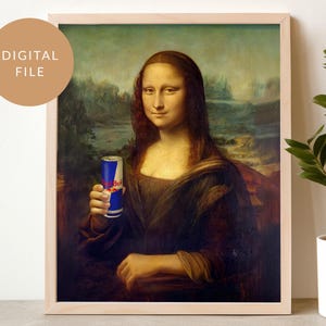 May include: A digital painting of the Mona Lisa holding a blue and red can of Red Bull. The painting is in a wooden frame.