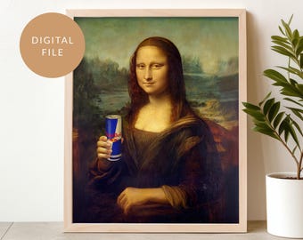 Mona Lisa with Red Bull - Funny Printable Art - Unique Wall Decor for Energy drink Lovers - Digital Download