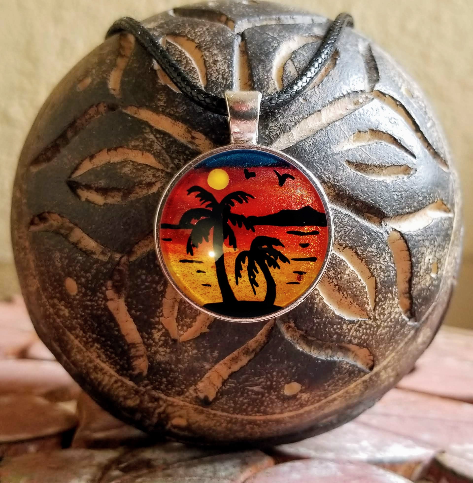 Beach Necklace, Palm Tree Necklace, Handpainted Jewelry