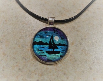 Sailboat Jewelry, Sailboat necklace,  Ocean Jewelry, Ocean Necklace, Nautical jewelry, hand painted, glass pendant, necklace