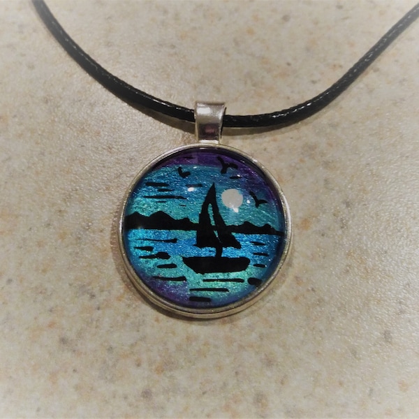 Sailboat Jewelry, Sailboat necklace,  Ocean Jewelry, Ocean Necklace, Nautical jewelry, hand painted, glass pendant, necklace