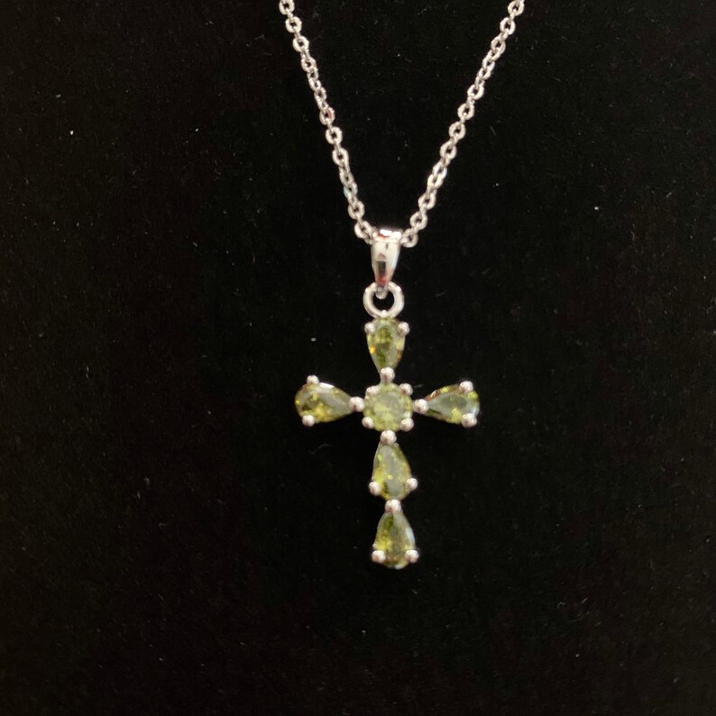 Green Peridot Cross Pendant Silver Necklace