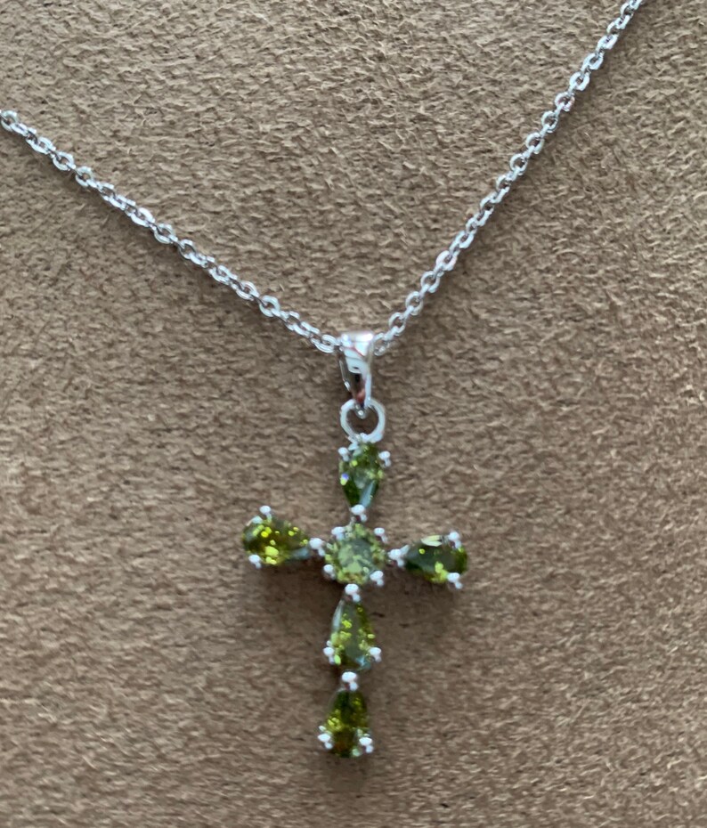 Green Peridot Cross Pendant Silver Necklace