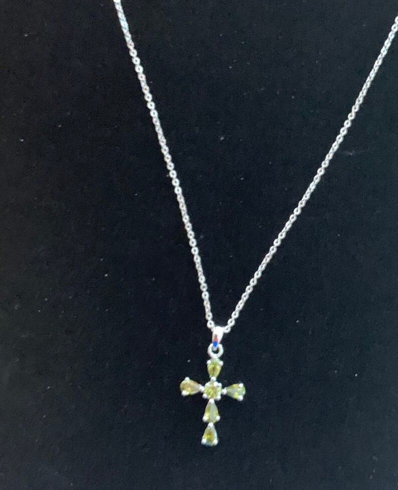 Green Peridot Cross Pendant Silver Necklace