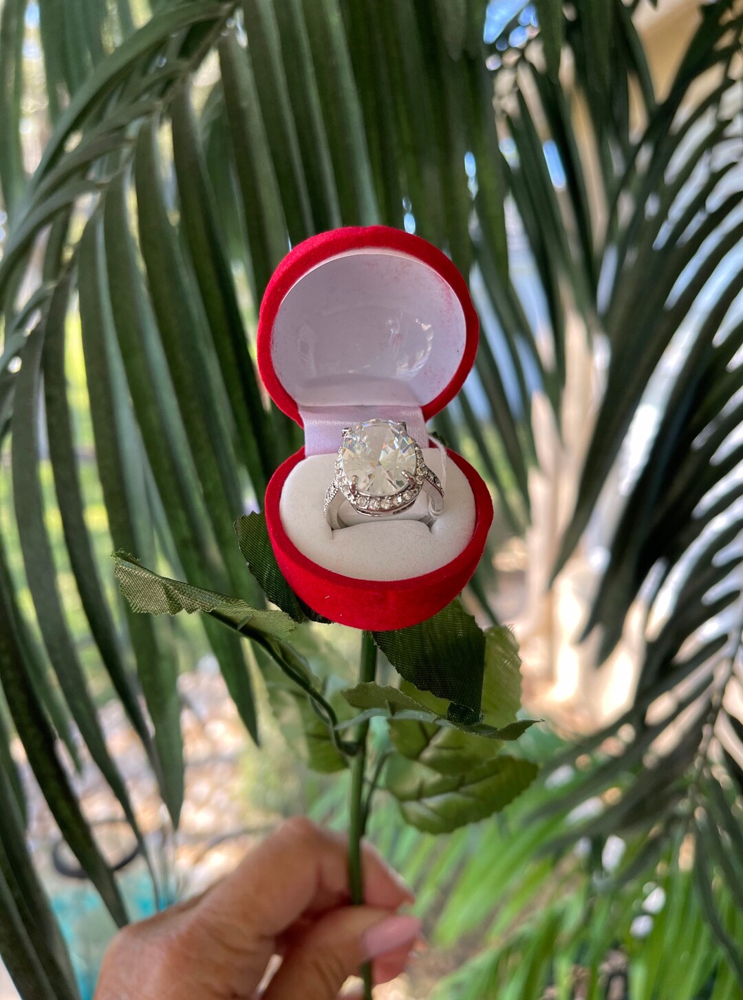 Velvet Long Stem Red Rose Ring Box Etsy