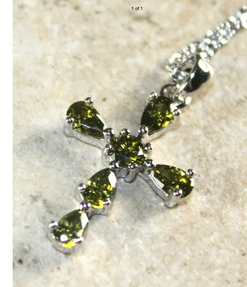 Green Peridot Cross Pendant Silver Necklace