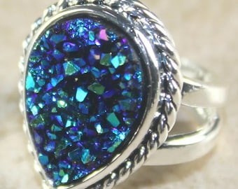 Blue Green Rainbow Druzy Ring