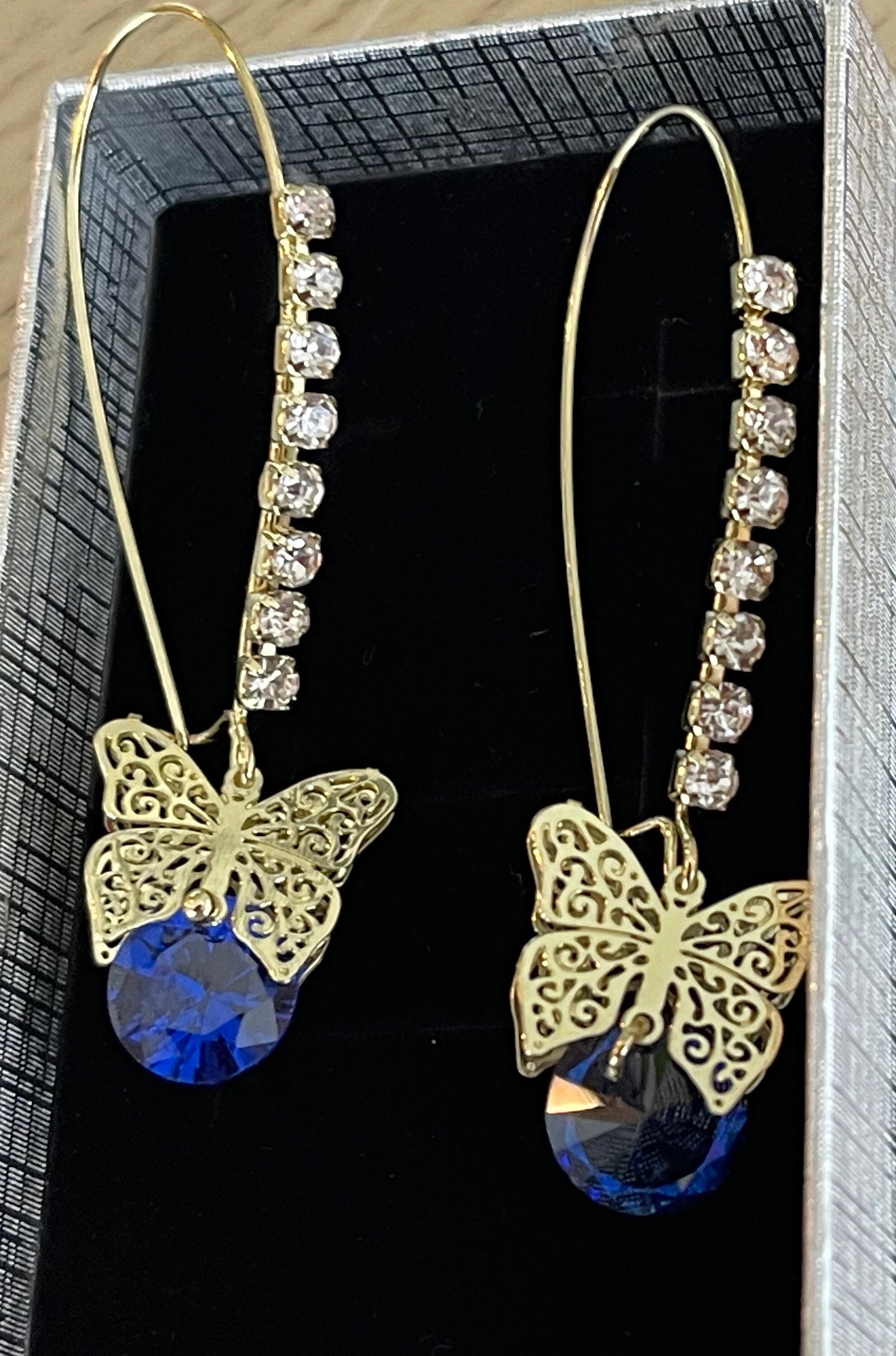 Pretty Butterfly & Rhinestone Heart Dangle Earrings With Hypoallergenic  Earring Hooks, Posts, or Clip-ons 