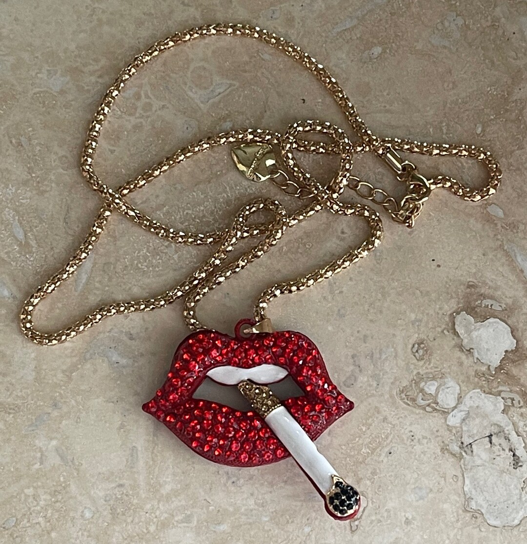 Rhinestones Red Lips With Cigarette by Betsey Johnson Etsy