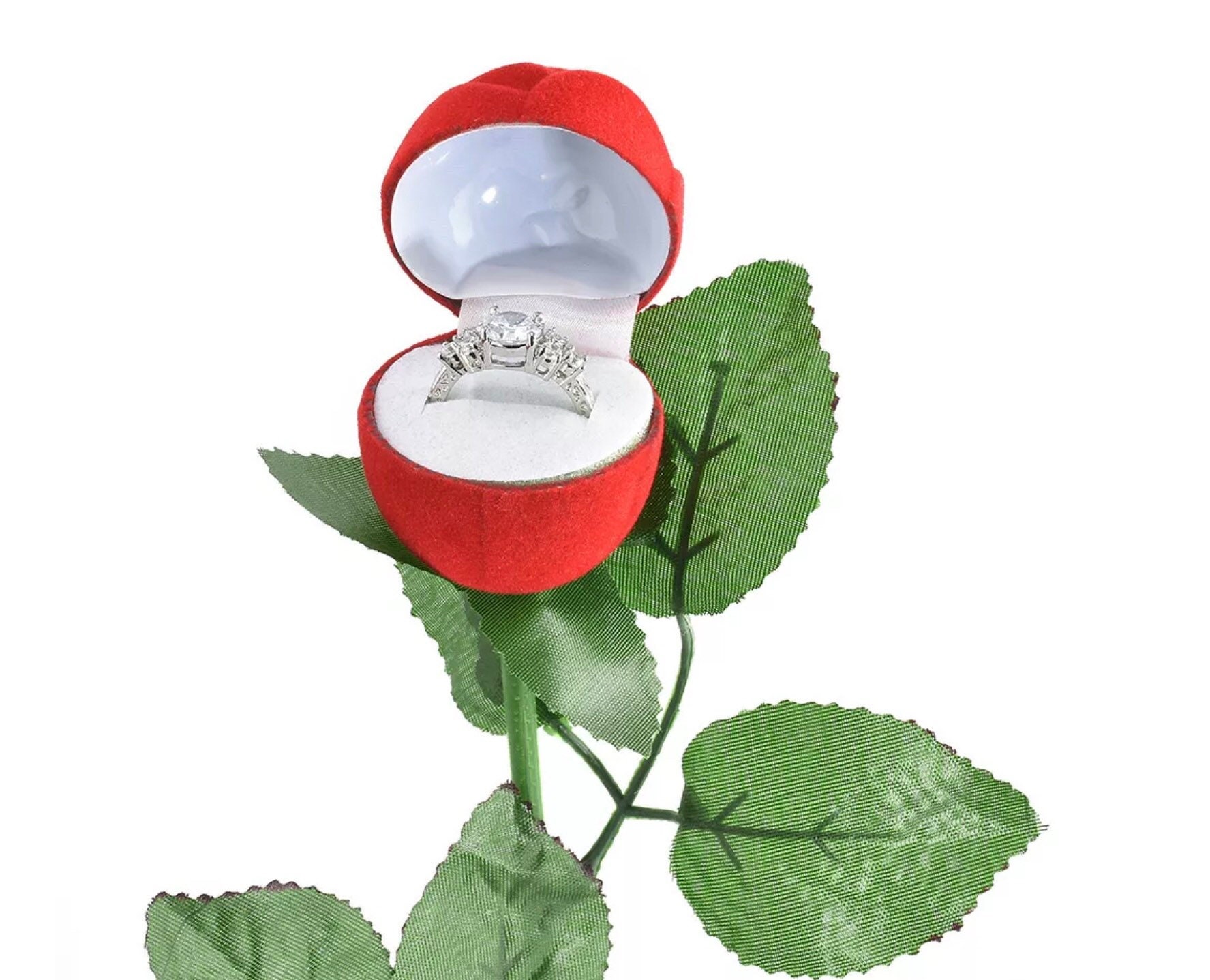 Velvet Long Stem Red Rose Ring Box Etsy