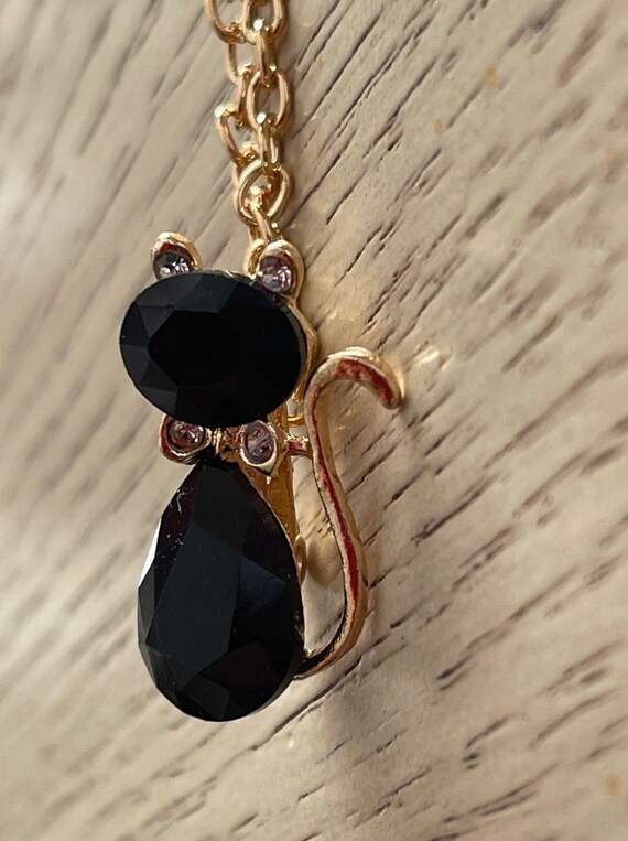 Black Rhinestone Cat Pendant Necklace 