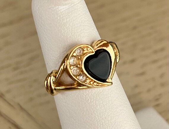 Vintage Avon Black Onyx Heart Ring With Rhinestones Etsy Australia