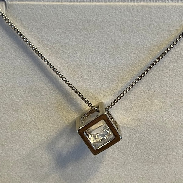 Cubic Zirconia Silver 925 Cube Pendant Necklace