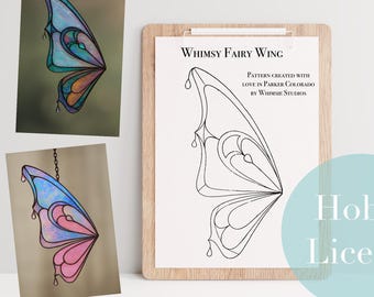May include: An image features a wooden clipboard holding a black and white fairy wing pattern with the text "WHIMSY FAIRY WING". Two colorful fairy wing illustrations are also displayed. A teal circle with the words "Hobby License" is in the foreground.