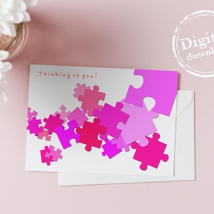 You Complete Me – afdrukbare kaart met puzzelhart | Roze liefdeskaart met kleurverloop | Digitale download | Moderne romantische kaart