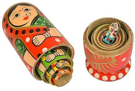 Wooden Decoration Gift Dolls Set of 5 Pcs Hand Painted Cute Wooden Indian Women Nesting Dolls Popular Handmade Kids Gifts