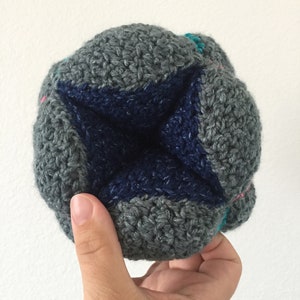 Crochet cube toy Pattern: Handmade Montessori style textured sensory toy.