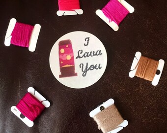 I Lava you/ I love You/ Retro Sticker/ 70's Decor/ Cross Stitch Sticker/ Lava Lamp 3 inch round sticker in pink by Ila Quinn Designs