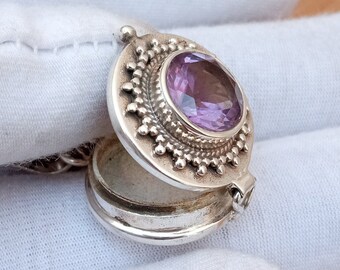 Amethyst Poison Box Pendant | 925 Sterling Silver Handmade Locket | Vintage Style Amethyst Gemstone Pendant | Chakra Healing Jewelry