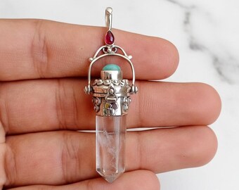 Crystal Quartz Poison Box Pendant – 925 Sterling Silver Pencil Necklace , Amethyst & Turquoise – Gothic Boho Jewelry – Hidden Chamber Amulet
