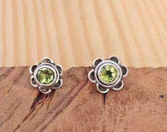 Peridot Flower Stud Earrings: Handmade Sterling Silver Boho Jewelry