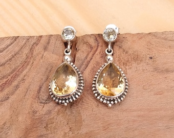 Citrine Teardrop Earrings: Sterling Silver Dangle, Handmade Boho Jewelry