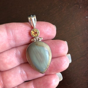 Rare Willow Jasper and Citrine gemstone hinged 1 7/8” solid Sterling Silver pendant