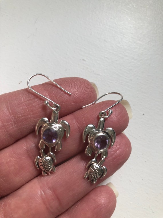 Solid 925 Sterling Silver Sea Turtle Amethyst Dan… - image 3