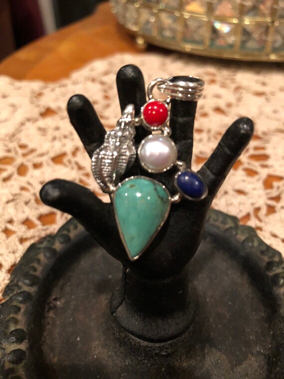 Solid. Sterling Couch Shell Pendant & Multi-gemst… - image 1