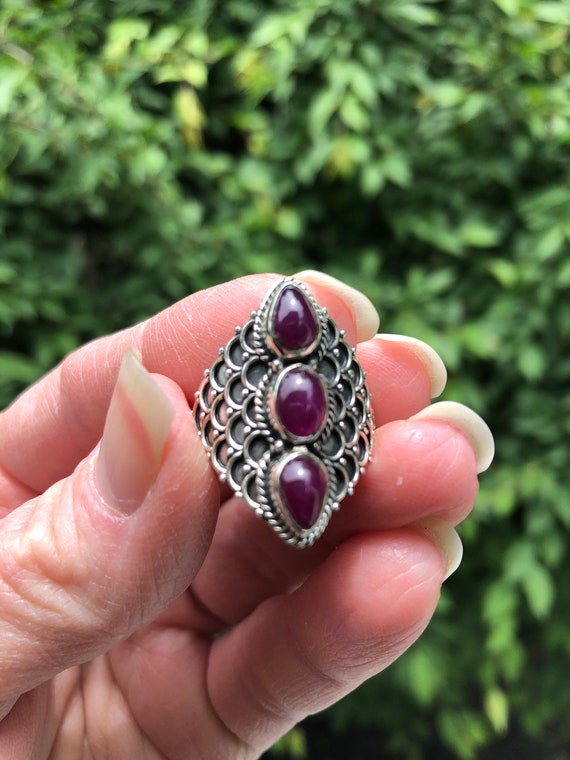 Ruby Statement 3 stone RIng, size 9, solid sterli… - image 3