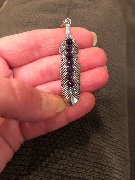 Large 2 3/8” Solid Sterling Feather Amethyst Penda