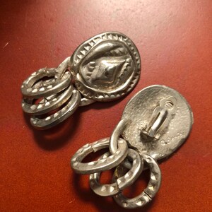 Vintage 80s Berebi signed clip on Statement earrings, Classic, with hanging rings, Southwestern/Mexican silver look, textured