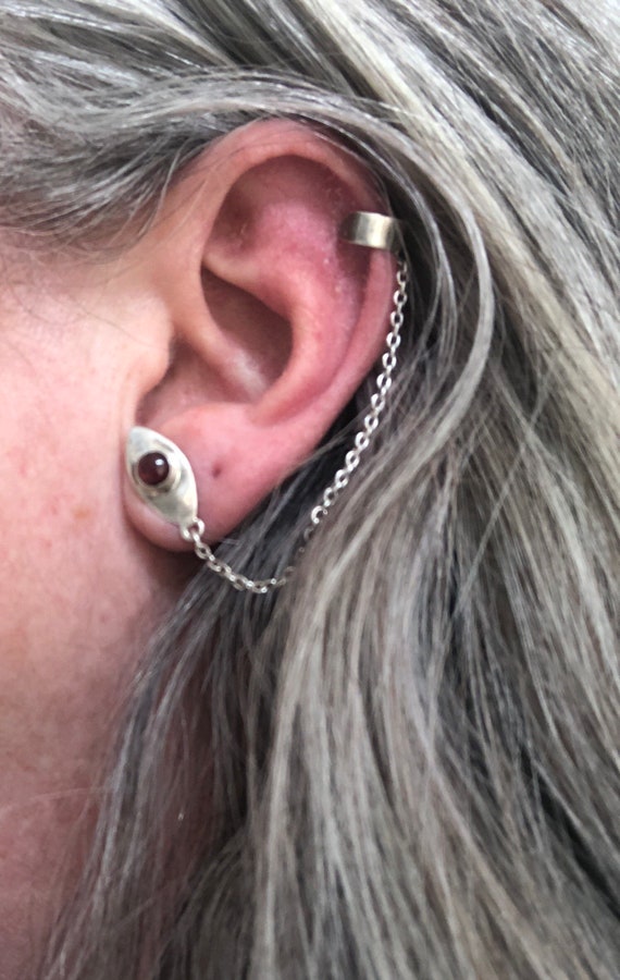 Gemstone solid Sterling Silver Studs with Chained… - image 1