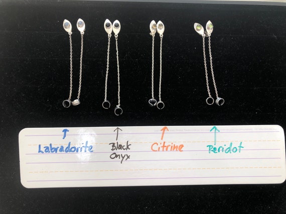 Gemstone solid Sterling Silver Studs with Chained… - image 2