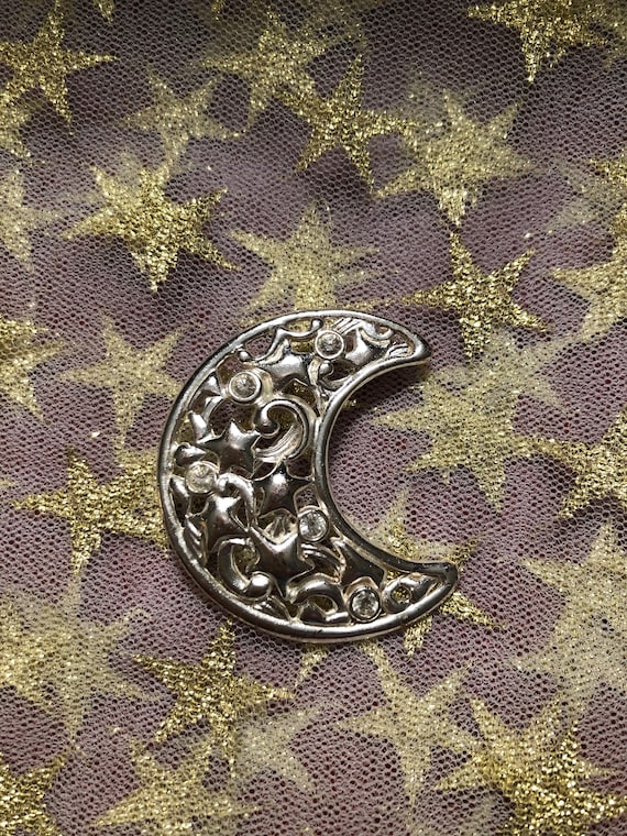 Openwork Moon Crescent Silver-tone Brooch, Pin, 1… - image 1