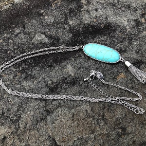Vintage Estate SIgned C silver-tone Faux Turquoise 35” Tassel Necklace