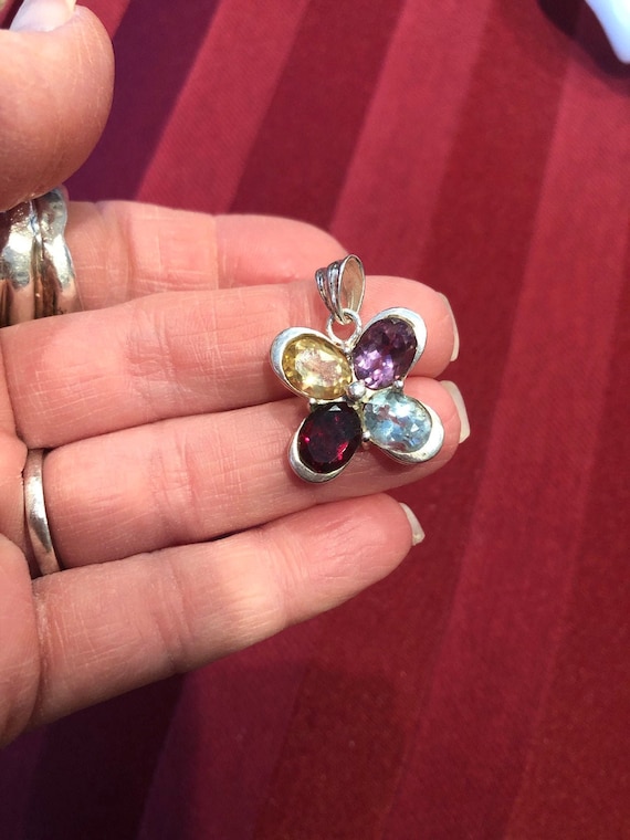 Solid 925 sterling silver 1” multi-stone gemstone… - image 1