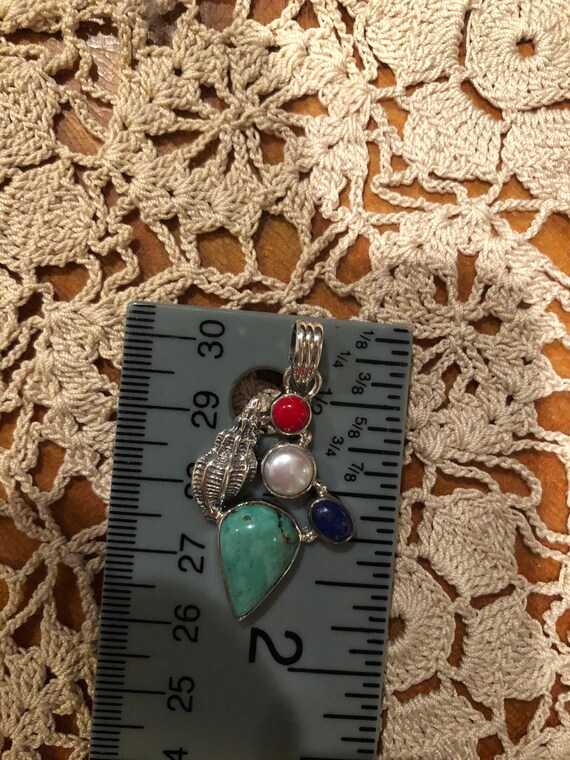 Solid. Sterling Couch Shell Pendant & Multi-gemst… - image 6