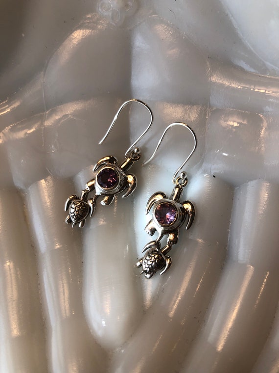 Solid 925 Sterling Silver Sea Turtle Amethyst Dan… - image 1