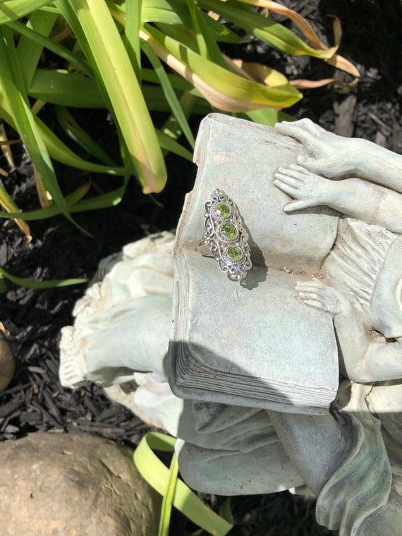 Statement Triple Stone Peridot solid Sterling Sil… - image 3