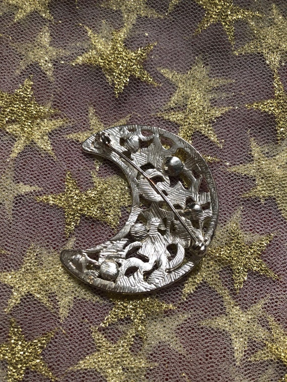 Openwork Moon Crescent Silver-tone Brooch, Pin, 1… - image 3